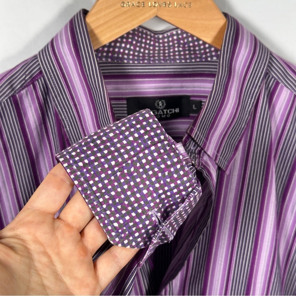 Bugatchi Uomo Cotton Stripe Contrast Cuff Button-Up JEWEL TONE Purple L Office - Picture 8 of 12